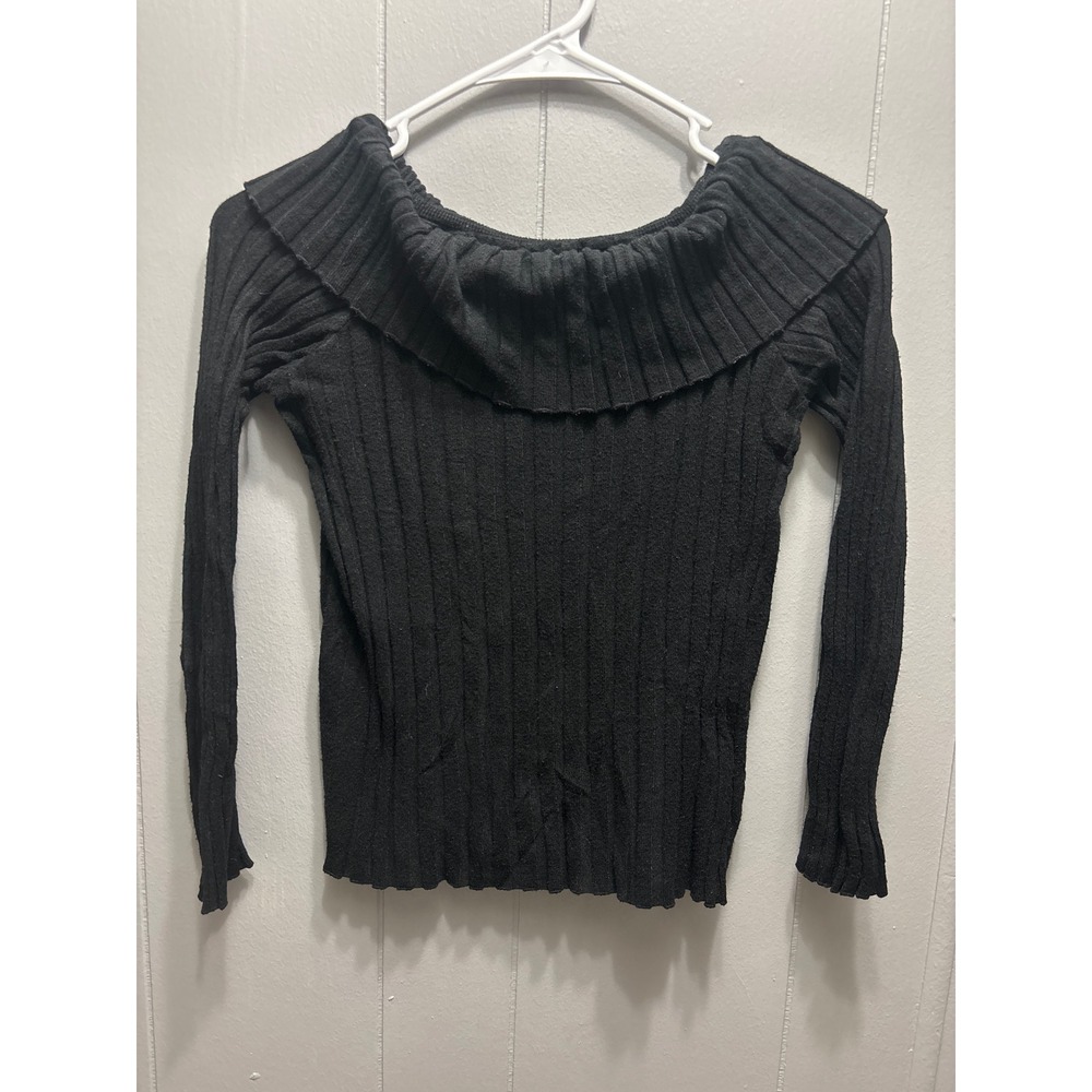 Black Ribbed Off The Shoulder Ruffle Collar Knit Long Sleeve Sweater Top